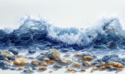 Wall Mural - Watercolor waves crashing into abstract rocks on white.