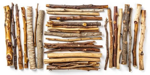 Aufkleber - Collection of various sticks and twigs isolated on white background, nature, forest, branches, organic, wooden, natural
