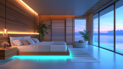 interior of a seaside cabin suite at dusk, view on ocean light bed, luxury concept