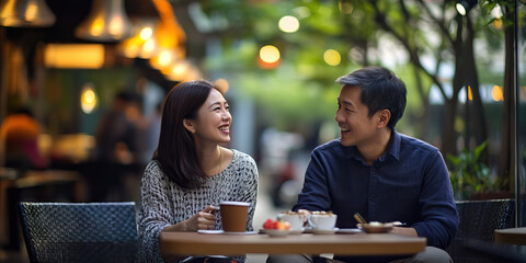 Asian couple sitting at outdoor cafe, talking and laughing over coffee