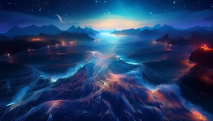 Wall Mural - majestic ocean nighttime stunning aerial view with fantasy touch abstract seascape