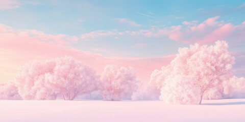 Winter landscape with snow covered trees in pink tones fantastic colorful scene with picturesque blue clear sky.  Christmas winter background. Surreal winter landscape with pink trees and snowy path.