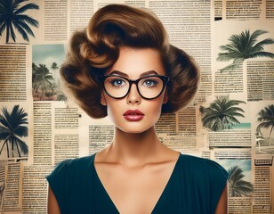 Wall Mural - retrostyle portrait of a young woman with bouffant hairstyle and cateye glasses superimposed on vintage newspaper clippings with tropical palm tree silhouettes