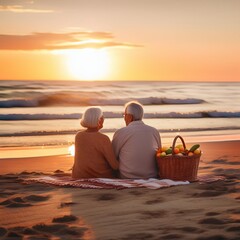 Wall Mural - serene elderly couple enjoying sunset picnic on beach soft golden light warm colors gentle waves