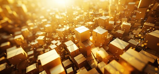 Wall Mural - Abstract 3D rendering of golden cubes with a sun flare.  Perfect for use as a background or design element.