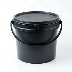 A black plastic bucket with a sealed lid and a sturdy handle, designed for secure storage.