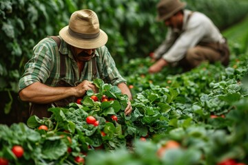 Two farmers are diligently working in a lush green field, harvesting ripe red tomatoes, symbolizing the hard work and dedication involved in traditional farming practices.