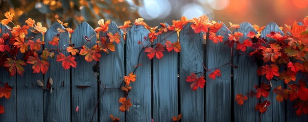 Wall Mural - Autumn leaves on a garden fence