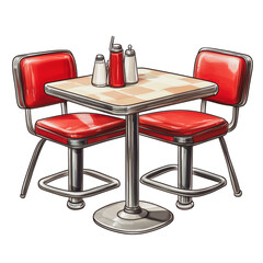 PNG Retro diner table with red chairs in a café