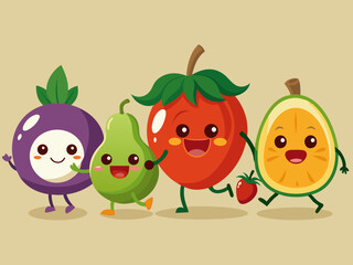 Vegetable character. Cartoon retro mascot vegetables. Funny green vitamin plant food, cute tomato, running pumpkin, healthy eggplant, nature avocado. Vector set
