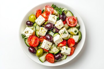 Wall Mural - Greek salad with feta cheese and olives isolated on a white, top view