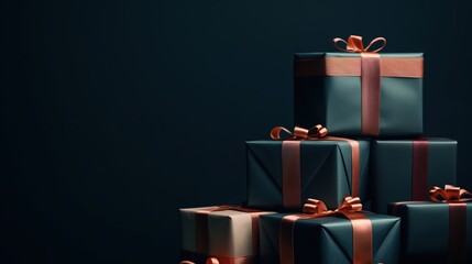 Wall Mural - A stack of dark green gift boxes tied with copper ribbons, placed on a dark background. The rich colors give a luxurious and festive feel, perfect for high-end celebrations.