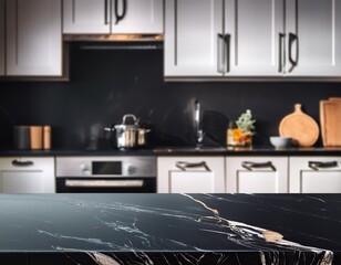 Wall Mural - sleek black marble tabletop reflects blurred kitchen interior perfect for product display digital ai art