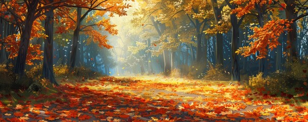 Wall Mural - Forest glade with scattered autumn leaves