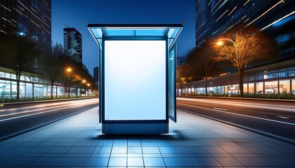 sleek digital advertising display in modern bus shelter urban nightscape reflection minimalist design