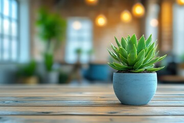 Serene Workspace Oasis: A vibrant succulent thrives in a blue pot on a rustic wooden table, infusing tranquility into a modern office space bathed in warm, inviting light. 