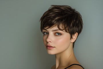 Side portrait of a woman with short layered pixie haircut against neutral background, concept of natural elegance