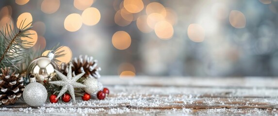 Wall Mural - Festive Winter Arrangement With Pinecones and Stars Surrounded by Soft Snowfall