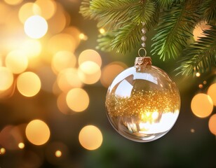 sparkling glass ornament reflecting twinkling lights blurred evergreen branches and soft golden bokeh creating magical holiday atmosphere