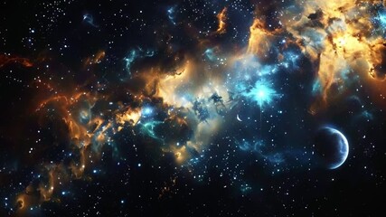 Colorful space galaxy cloud nebula and galaxies in dark space. Starry night sky cosmos universe or milky way, blue yellow background.