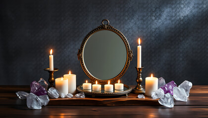 Enchanting Scrying Mirror Setup with Candles on Wooden Table Surrounded by Crystals for Mystical and Magical Decor isolated with white highlights, png