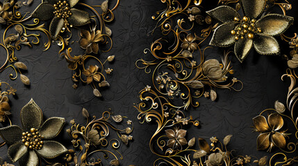 Poster - Luxurious and elegant golden floral ornament on a chic black textured backdrop, ideal for sophisticated designs