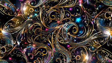 Poster - Pattern of golden flourish sparkling and swirling through a galaxy with colorful stars