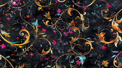 Aufkleber - Elegant vintage atmosphere created by golden floral pattern on dark background for textile design