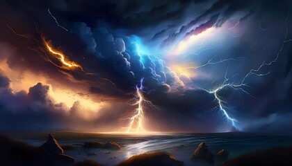 Sticker - the wrath of god dramatic lightning storm in an ominous sky stormy clouds digital illustration