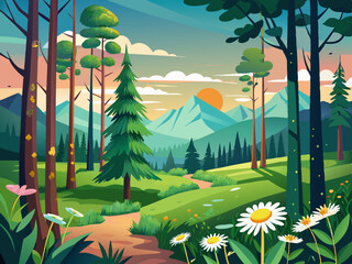 Wall Mural - Forest landscape. Spring summer woodland with pine trees, birch tree and wild flowers in foreground. Sunrise morning in the forest path to field with daisies. Vector scene
