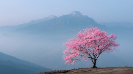 Wall Mural - Pink Cherry Blossom Tree Against Mountain Mist at Dawn