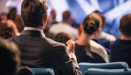 unrecognizable audience at business conference blurred crowd listening to speaker event concept photo