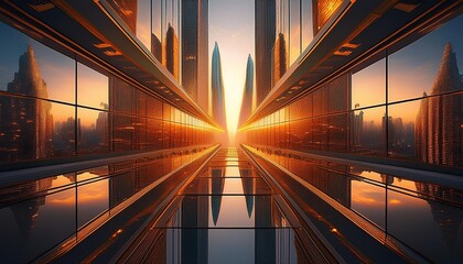 Poster - vertiginous view of futuristic skyscrapers reflective facades creating kaleidoscopic patterns dramatic perspective golden hour light urban utopia