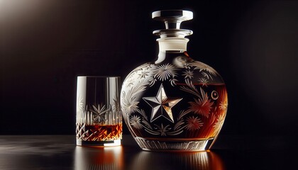 A crystal decanter with a starburst pattern, filled with amber liquid, sits beside a matching glass with a splash of the beverage on a reflective surface against a dark background. Fine spirits,