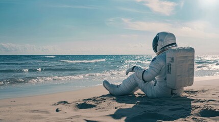 Wall Mural - An astronaut sitting and relaxing on a sunny beach with the ocean in the background, blending space exploration with leisure.