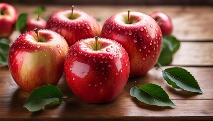 Wall Mural - vibrant red apples with glistening water droplets arranged in a circular pattern on a rustic wooden surface soft natural lighting enhances the apples glossy skin and fresh green leaves