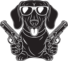 Canvas Print - Dachshund Dog Holding Guns Stylized Vector