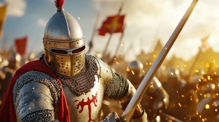 Wall Mural - A knight in full armor is holding a sword and is surrounded by other knights. Scene is intense and dramatic, as the knights are engaged in battle