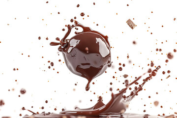 Exquisite chocolate splash with droplets and pieces flying in the air, isolated on a white background for high-end culinary art