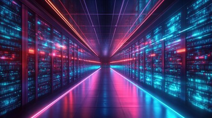 Wall Mural - Futuristic Data Center with Neon Lights and Digital Servers in a Symmetrical Perspective