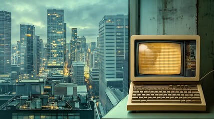 Sticker - Vintage Computer Against a Cityscape Background