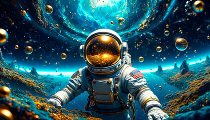 astronaut floats in the abyss of space, surrounded by a cosmic ocean of galaxies and nebulae forming unique constellations