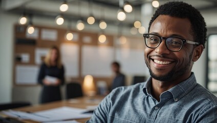 Smile, glasses and portrait of architect in office with information on pinboard at startup. Happy, pride and professional black man with career in architecture working on industrial design project