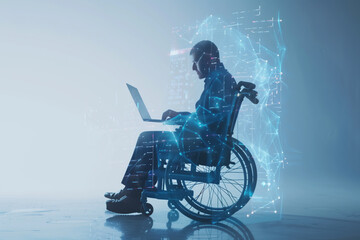 Silhouetted person in wheelchair working on laptop with digital network overlay on light background. Concepts of technology, accessibility, and modern digital communication.