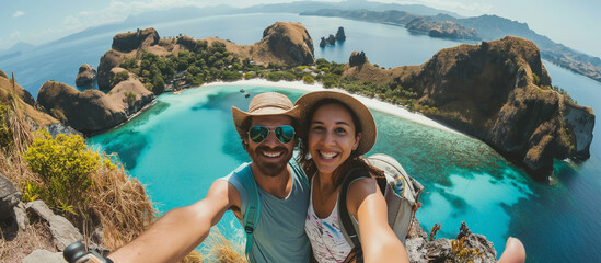 Happy young couple taking selfie photo