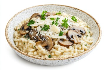 Wall Mural - Mushroom risotto with parmesan and parsley isolated on a white, top view