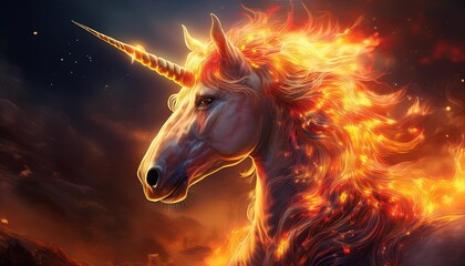 Fire Unicorn- A unicorn with a mane and tail made of flames, representing the element of fire, surrounded by burning embers and a glowing atmosphere