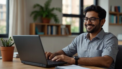 Wall Mural - Smiling indian business man working on laptop at home office. Young indian student or remote teacher using computer remote studying, virtual training, watching online education webinar at home office