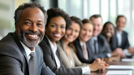 A diverse group of corporate professionals in a modern office setting, all smiling and engaged in a collaborative discussion around a conference table, symbolizing teamwork and success