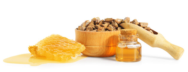 Sticker - Natural honey tincture, propolis granules and sweet honeycomb isolated on white